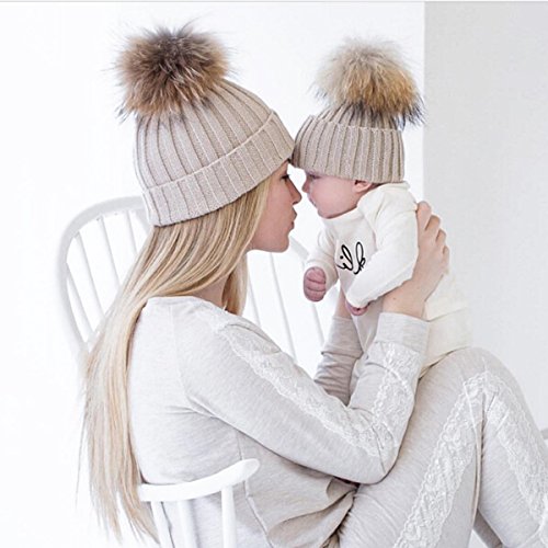 2PCS Parent-Child Hat Warmer, Mother & Baby Daughter/Son Winter Warm Knit Hat Family Crochet Beanie Ski Cap Khaki