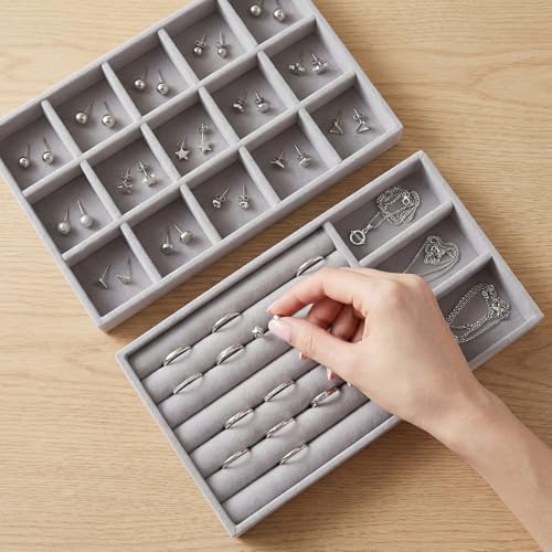Plateaux à bijoux en velours gris haut de gamme pour bagues et colliers - 8