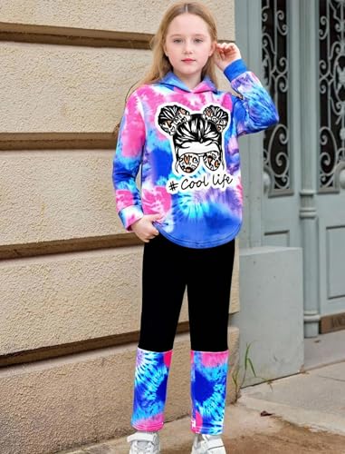 Image of Girls 2 Pcs Fall Winter Tie Dye & Leggings Outfits For Teens 5-14 | 2026 Girls Fashion Trendy, Long Sleeve Hoodie, Cool Life Print, Patchwork Pants, Back to School Holiday Tracksuit