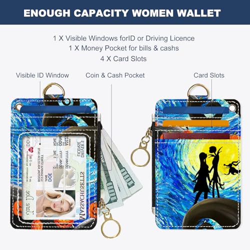 Image of Slim Wallet Credit Card Holder, Stars and Couples, RFID Wallet Women Cute Small Front Pocket Wallet With Zipper, PU Leather Thin travel RFID Blocking Card Case ID Window,Ladies Gifts