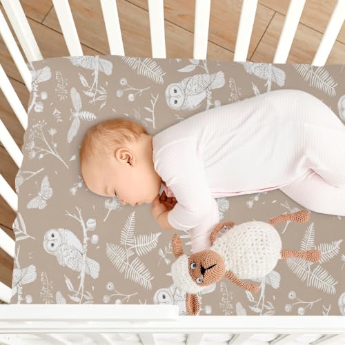 Image of Crib Sheet Breathable Soft Crib Mattress Sheet for Baby Toddler Boys Girls Fitted Pack n Play Crib Sheet Fit Standard Crib Mattress 39 x 27 Inch Owls Leaves Light Brown