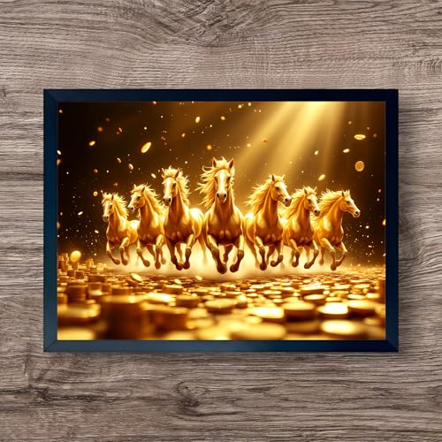 Image of ARTFUL TOY BOX - 7 Running Golden Horses Photo Frame Wall Art for Home Decor | Success, Power & Financial Growth Vastu Wall Decor for Living Room & Office | HD Glossy Print | Premium Fiber Black Frame - 12x18 Inch (30x45 cm) (Design 7)