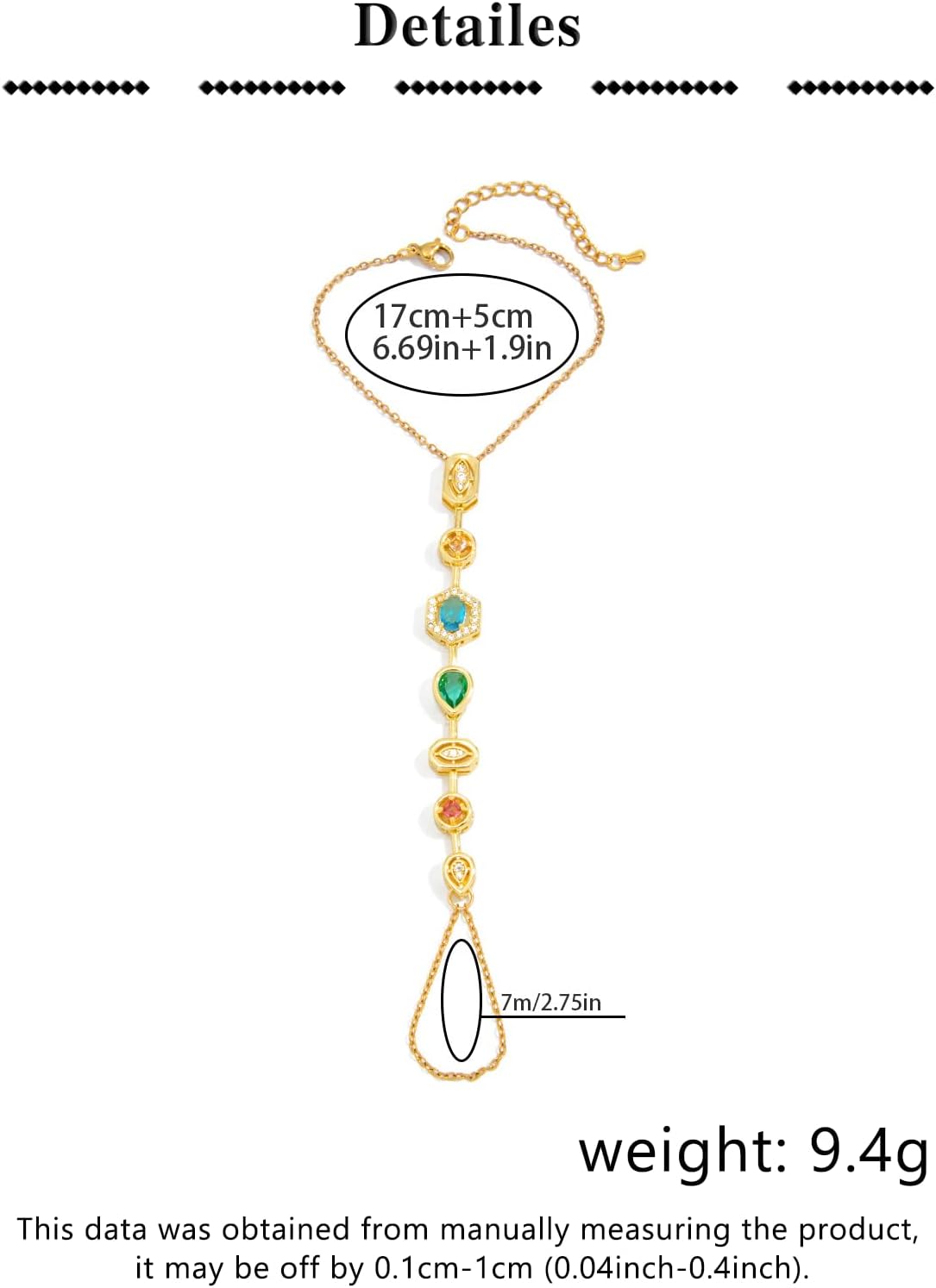 MODRSA Gold Hand Chain Bracelets for Women Dainty Gold Ring Bracelet Hand Chain Link Chains Colorful Cubic Zircon Bracelet Jewelry Gorgeous Trendy Gift for Mother Wedding Vacation Party Accessories