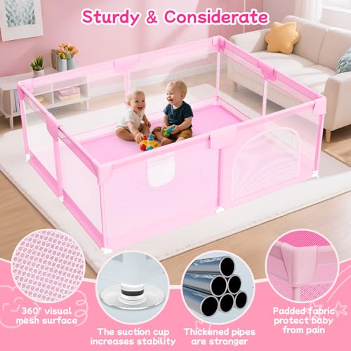 Image of Large Baby Playpen 74 inchx50 inch - Play Pens for Babies and Toddlers with 2 Handle - Safety Baby Fence Play Area with Breathable Mesh for Indoor & Outdoor, Pink