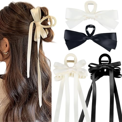 Zkptops 4 piezas Pinzas de Pelo con lazo satinadas para mujeres y niñas, clips grandes antideslizantes para cabello delgado, grueso o rizado, colores negro y blanco
