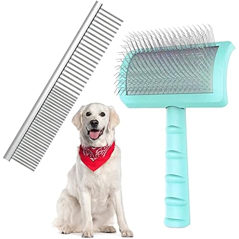 Neathoiho Large Slicker Brush & Green-comb Value Kit, Extra Long Pin Dog Grooming Brush for Curly Hair Goldendoodles, Removes Long and Loose Hair & Undercoat Cover