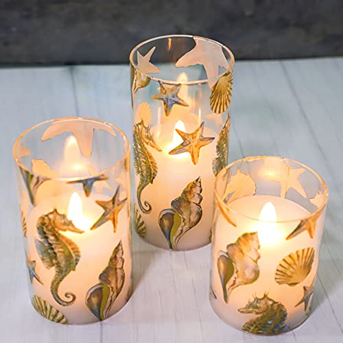 Ocean Flameless Candles Seahorse Starfish Shell Decal Flickering Battery Operated Candles With Remote Nautical Theme Led Candles For Bedroom Party Christmas Summer Room Decor - Set Of 3 #TOP5