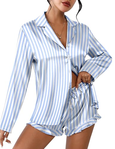 Image of Ekouaer Womens Satin Pajama Sets Long Sleeve Top and Shorts Lounge Set Button Down Sleepwear