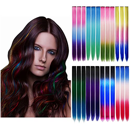 XCXZKJ Colored Hair Extensions Clip 3 Colors in One 24 Pcs 22 Inch Party Highlights Rainbow Kids Synthetic Hair Accessories for Girls Hairpieces Cosplay Party Hair Accessories Gift