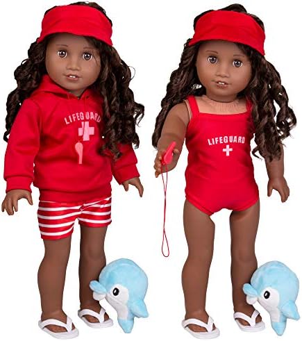 Dress Along Dolly Summer Lifeguard Outfit for American Girl and 18" Dolls: 5 Pcs Beach Set (Includes Swimsuit, Shorts, Sweatshirt, Flip-Flops, Hat, Whistle and Pet Dolphin)