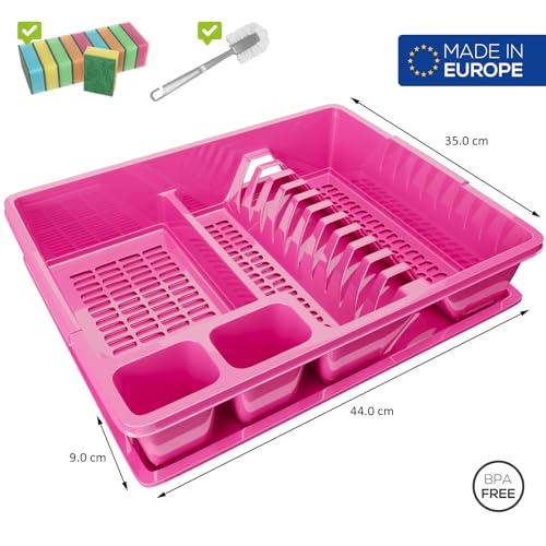 WELLGRO Abtropfgestell aus Kunststoff mit Reinigungsbürste und 10 Schwämmen - 44x35x9 cm (LxBxH) - Schale Geschirrkorb Abtropfkorb Abtropfgitter für Spüle Made in Europe, Farbe:Pink