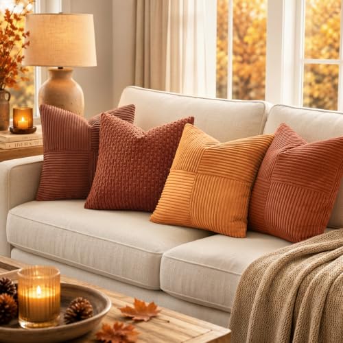 Image of MIULEE Fall Rust Boho Decorative Throw Pillow Covers 20x20 Inch for Couch Bed Sofa Pack of 2, Terracotta Farmhouse Earth Tones Home Decor, Soft Corss Corduroy Patchwork Textured Cushion Cases