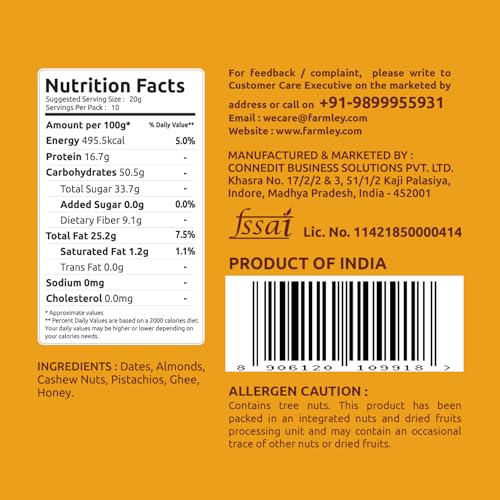Image of Farmley Date Bites I Dates Barfi Made with Dates, Pista, Cashews, Almonds, Honey and Pure Ghee I Dry Fruits Nuts, Healthy Snacks Sweets,Gluten Free, No Added Sugar 20 g (Pack of 1), Classic Date Bites