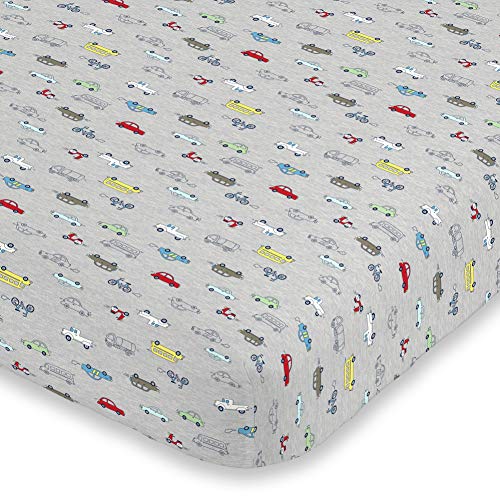 Image of Carter's Busy Cars & Bikes Crib Sheet Super Soft Mini Crib Fitted Sheet, Red, Grey, Yellow, Blue