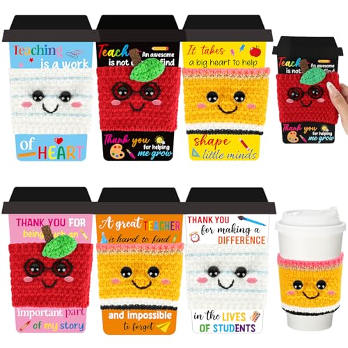 6 Set Teacher Appreciation Gifts Card Crochet Coffee Cup Sleeve Coffee Cozy with Thank You Cards for Teacher Appreciation Week Back to School Supplies Graduation Party Favors Teachers Day Gift Cups