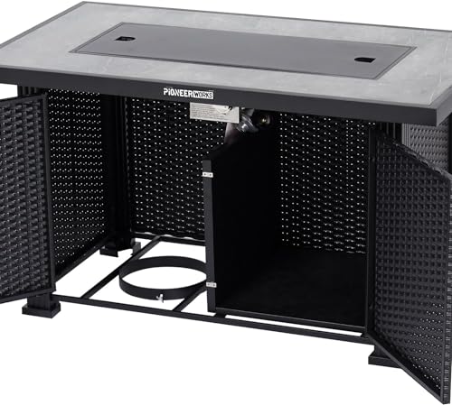44" Propane Fire Pit Table (Double Door), 50000BTU Rectangle Fire Table with Cover & Rain Cover, Sturdy Steel and Iron Fence Surface, CSA Safety Certified, Companion for Your Garden