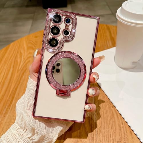 Coque Samsung S24 Ultra support bague miroir et strass rose antichoc