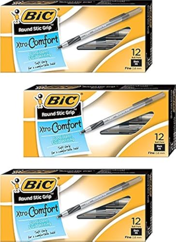 BIC Round Stic Grip stylo bille noir 0.8 mm idéal pour écriture intensive