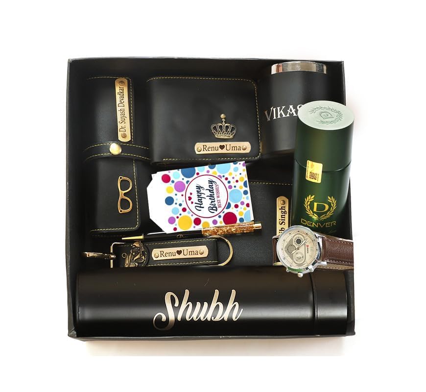 Customised Men's Gift Hamper Set with Watch, Wallet, Water Bottle, Coffee Mug, Passport Cover, Keychain, Pen, Sunglasses Cover, Deodorant, Golden Rose, Leather, 10 Items-image-32