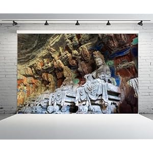 10×6.5ft China Rock Carving Backdrop China Ancient Guanyin Statue Buddhist Buddha Statue Old Cliff Carving Background Chinese Action Role-Playing Game Monkeys King Portrait Photo Booth Props