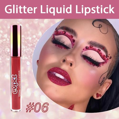 Image of evpct 1Pcs Wine Red Matte to Glitter Liquid Lipstick Lip Set Kit, Long Lasting Matte Diamond Glitter Lip Gloss Waterproof, Colorful Sparkly Glossy Metallic Shimmer Sparkle Lipstick for Women 06#