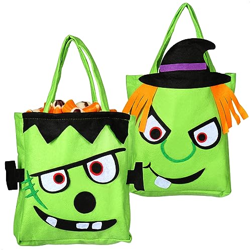 COM-FOUR® 2x Bolsa de Halloween - Bolsa para coleccionar dulces en Halloween - Bolsa con motivo de brujas y Frankenstein (2 piezas - bruja + zombi)
