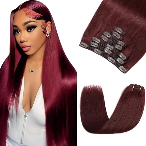 yake 99J Burgundy Straight Clip in Hair Extensions