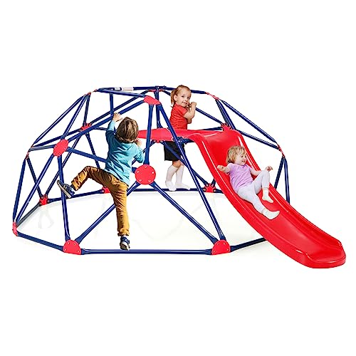 COSTWAY Cúpula de Escalada, Juego de Cúpula Geométrica con Tobogán Resistente, hasta180 KG, Cojín de Tela, Niños de 3-10 Años, Patio, Jardín, Parque (Rojo)