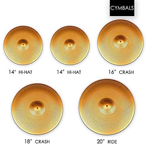 Low Volume Cymbal Pack, Quiet Cymbal Set 14''/16''/18''/20'' (5 Pcs, Golden) | Free Cymbal Bag Included #TOP3