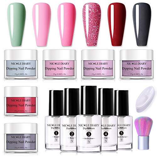 NICOLE DIARY Dip Nail Powder Nail Starter Kit with 6 Colors Dipping Powder Nails System and Dipping Powder System Liquid Kit and French Dip Nail Container Acrylic UV Gel Powder Dust Remover Brush