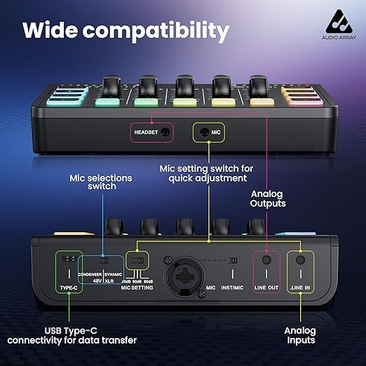 Image of Audio Array RGB Gaming Bundle|RGB USB Dynamic Microphone with Sound Card - Mute, Volume Control, Monitoring, Noise Cancellation, Voice Effects|for Streaming, Podcasting, Gaming, Singing - GB-04