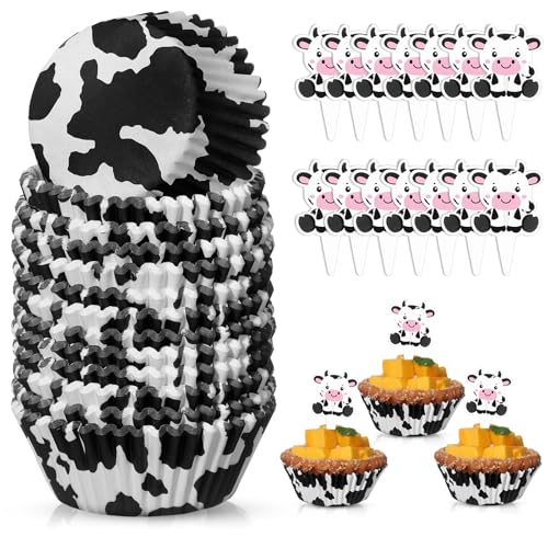 Vesici 200 Counts Cupcake Liners and 200 Counts Cupcake Toppers Round Baking Cups Greaseproof Muffin Liners for Graduation Wedding Baby Shower Birthday Theme Party Supplies(Cow)