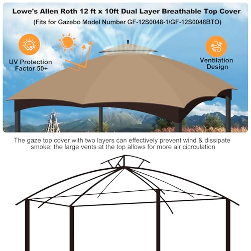 10 x 12 Replacement Gazebo Canopy Top for Lowe\'s Allen Roth Gazebo Double-Tier Gazebo Roof Cover with Air Vent Heavy Duty Canopy Roof Gazebo Top 10X12 Gazebo Cover for Shop, Garden, Yard (Khaki)