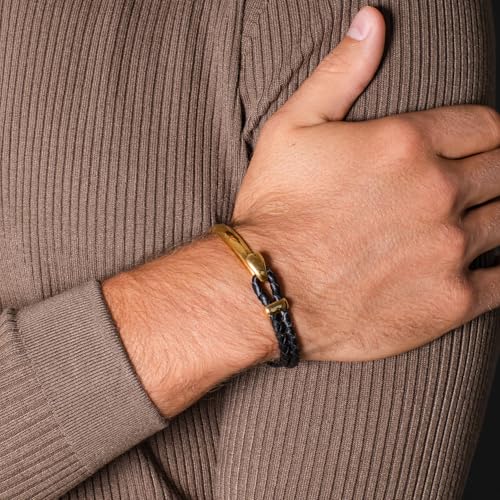 Elegatto Signature Gold Bracelet for Men | Braided Full-Grain Black Leather with 18k Gold-Plated Stainless Steel Hook Closure | Men’s Designer Jewelry Bracelets | Gold Extra Large by Elegatto - Image 4
