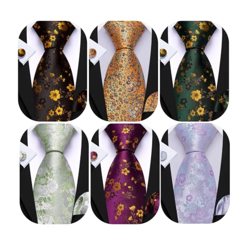 Image of Barry.Wang 6 PCS Men Ties Set Silk Business Fashion Woven Necktie Handkerchief Cufflinks Paisley Stripe Wedding Party