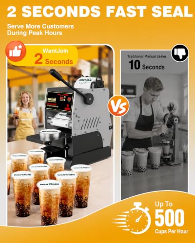 Image of WantJoin Cup Sealing Machine, Commercial Boba Sealer Machine for Bubble Milk Tea Coffee 2S Sealing Auto Film Alignment 90 /95mm LED Panel Temperature Control, Electric Semi Automatic Cup Sealer
