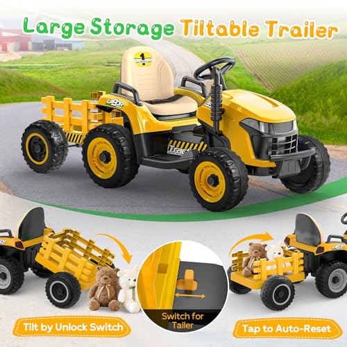 Image of ANPABO 24V Ride On Tractor for Kids w /Detachable Trailer, EVA Tires, Yellow