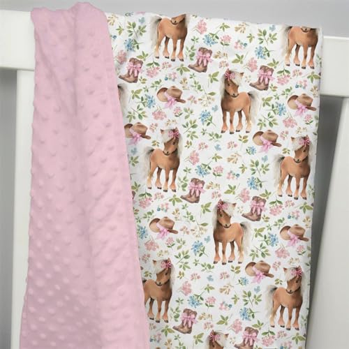 Image of Mink Baby Girl Blanket Western Cowgirl Pony Floral, Horse Pink Flower Hat Boot Soft Double Layer Dotted Backing Receiving Swaddle, Newborn Infant Toddler Nursery Crib Bedding Shower Gift 30x40