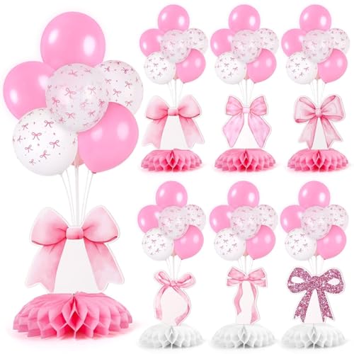 Image of 6 Set Pink Bow Birthday Decoration for Table Baby Girl Shower Decorations Pink Bow Balloon Table Centerpiece with Balloons Stand Kit Honeycomb Centerpiece for Girls Birthday Wedding Party Supply