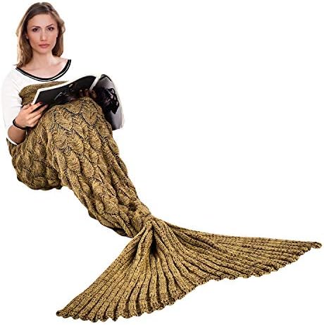 yashidali Wearable Mermaid Tail Blanket Crochet, All Seasons Warm Knitted Bed Blankets Sofa Living Room Quilt for Kids and Adults, Fish-Scales Pattern, 76.8" x 35.5" (195 x 90cm), Coffee Brown