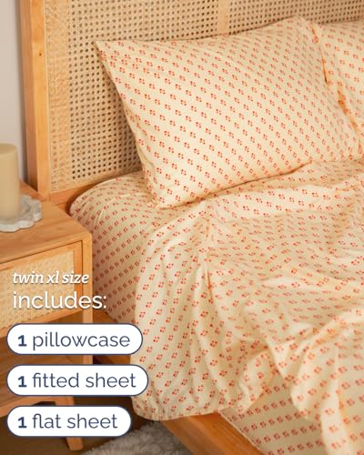 Image of Twin XL 3 Piece Floral Sheet Set - Soft & Cooling - Cherry Blossom Dot