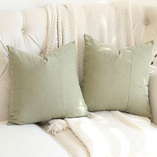 Hckot Pack Of 2 Farmhouse Throw Pillow Covers 20X20 Patchwork Striped Soft Corduroy Decorative Pillows Square Cushion Covers, Outdoor Pillows Home Decor For Sofa Couch Bed Chair(Sage Green) #TOP1