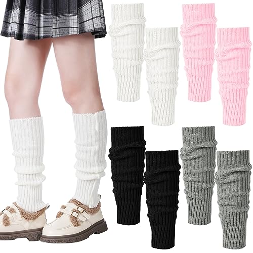 Ramede 4 Pairs Leg Warmers for Girls Kawaii Y2k 80s Japanese Loose Knitted Ribbed Leg Warmers Women Lolita Socks Cover(Black White Pink Gray Classic Style)