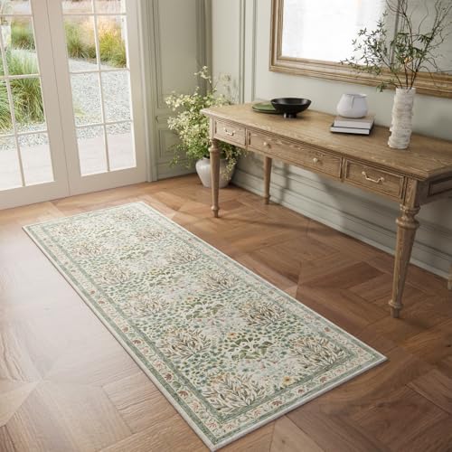 Image of Non-Slip Washable Runner Rug 2x6, Beige & Blue Vintage Design for Hallway, Kitchen, Laundry Room & Bathroom