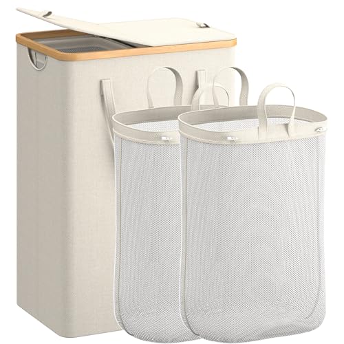 REIBII 154L Laundry Basket with Lid, Washing Basket for Laundry Collapsible Laundry Baskets 2 Compartments with Bamboo Handles & 2 Removable Bags, Foldable Large Laundry Hamper, Beige