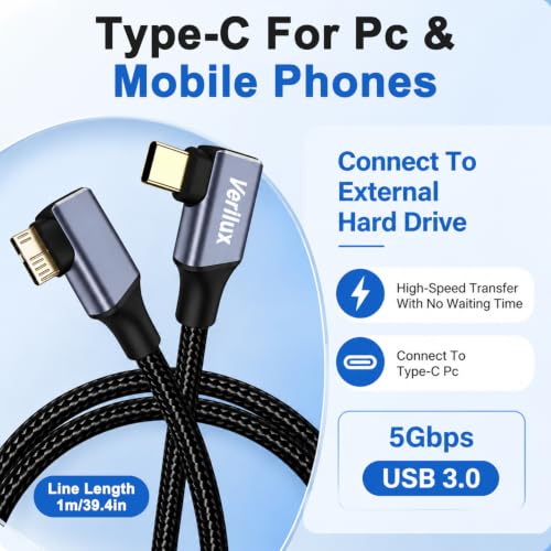 Image of Verilux Micro 3.0 to USB C Cable 1M Fast Data Transfer Charging Cord