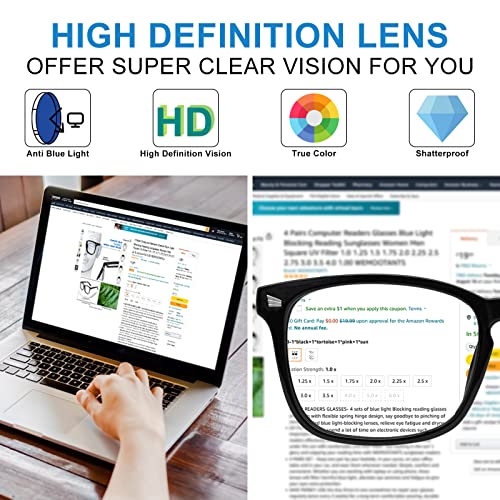 Image of 4 PACKS Blue Light Blocking Reading Glasses Women 1.0 1.25 1.5 1.75 2.0 2.25 2.5 2.75 3.0 3.5 4.0 5.0 6.0