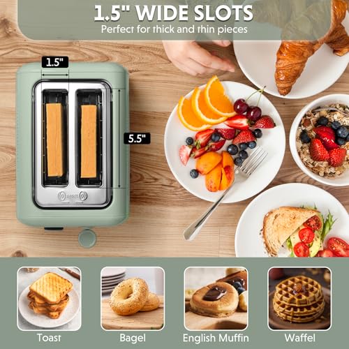 BUYDEEM DT620 2-Slice Toaster, 7 Shade Settings, Extra Wide 1.5'' Slots for Bagel & English Muffin, 6 Toasting Functions, Retro Stainless Steel Toaster with High Lift Lever, Cozy Greenish by BUYDEEM - Image 3