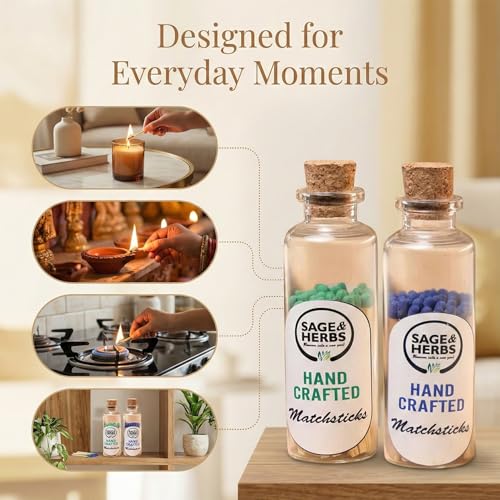 Image of Sage & Herbs Small Matchstick Combo Pack | Blue & Green Head Matchstick | in a Borosilicated Cork Jar with a Striker | Combo Pack | 80 Match Sticks | Multipurpose use for Home, Office, Home Temple