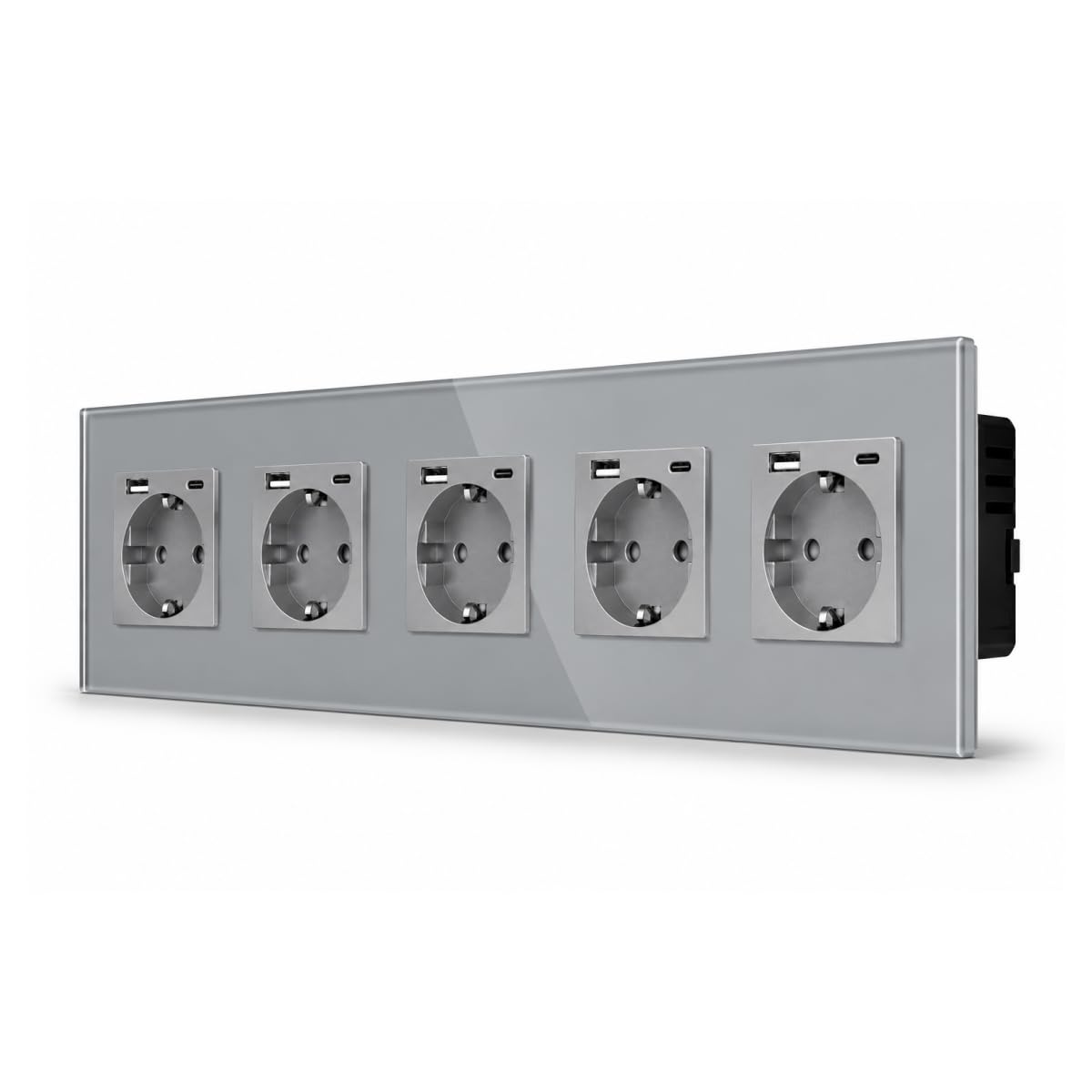 SmartinHouse - pięciokrotne gniazdko - szare - USB A+C 12W - szkło kryształowe | Ładowanie USB bez adaptera